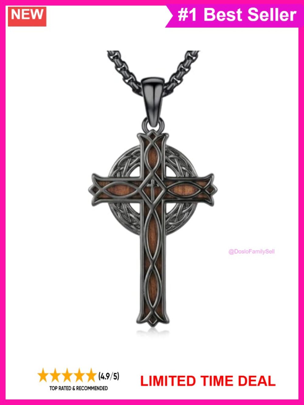 S925 Sterling Silver Ebony Wood Celtic Cross Necklace Men's Adjustable 24"
